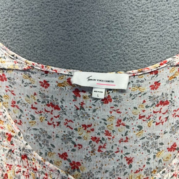 Two by Vince Camuto Floral Peasant Sheer Blouse Large Shirt Tassel Pink Smock - Picture 9 of 10